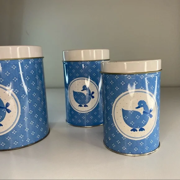 Vintage Country Kitschy Blue White Geese Nesting Tins Storage Canisters - Picture 3 of 6